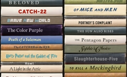A stack of banned books, spine out