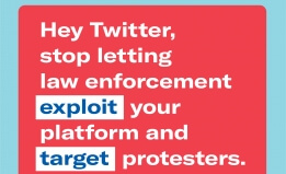 Text in a bubble that says "Hey Twitter, stop letting law enforcement exploit your platform and target protesters." ACLU logo