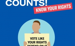 Know Your Rights Every Vote Counts illustration of man holding sign that says "Vote like your rights depend on it"