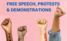 Hands raised in fists in front of a pink background