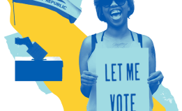 california outline and flag with person holding sign saying Let Me Vote
