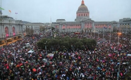 Thousands protest against the Muslim ban in front of San Francisco City Hall in January 2017