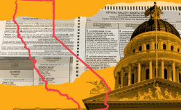 California legislature is to the right and a red outline of the state of California is on the left. In the background there is a cropped image of a sample recall ballot. 