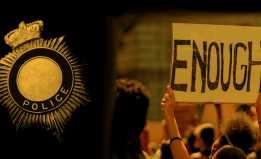 Illustration of badge and sign of someone holding up a sign that says "Enough"