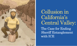 An illustration of a woman kneeling on the left. On the right text reads, "Collusion in California's Central Valley" The Case for Ending Sheriff Entanglement with ICE