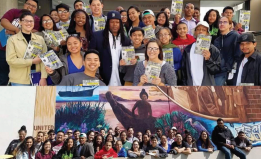 Two group shots of students from Stockton Unified School District on a field trip
