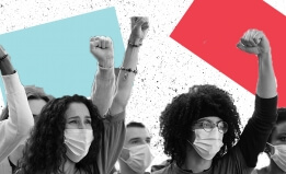 square graphic of students with raised fists