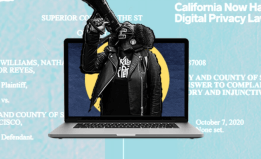 Blue background with newspaper and legal filing clippings. In the middle is a Black woman with a bullhorn coming out of a laptop.