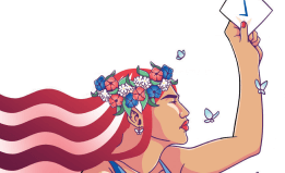 lady holding up a ballot. artwork by jackie fawn.