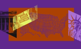 Map of the United States overlaid with images of a sign reading "Demand Justice, Fight Hate and the Statue of Liberty