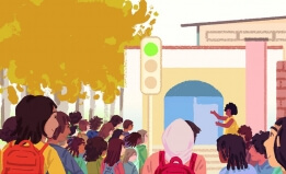 illustration of students outside a school building