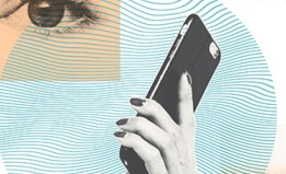 Collages with light orange and blue filter. in the left is an eye, in the right, a camera, in the center, a hand holing a phone.