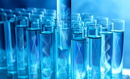 Test tubes with different illustrations of DNA in laboratory, closeup
