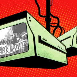 Surveillance cameras displaying BLM activists on red background
