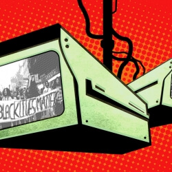 Surveillance cameras displaying BLM activists on red background