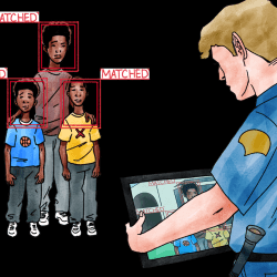 Illustrated image of a white police officer using face surveillance on a Black family. It