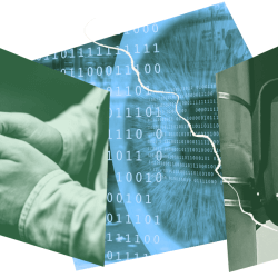 Collage with person using cell phone, eyeball, and surveillance camera.