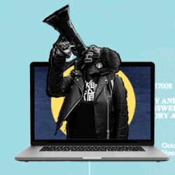 An image of a Black woman activist coming out of a laptop screen holding a megaphone. The background is light blue. 