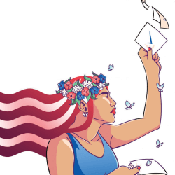lady holding up a ballot. artwork by jackie fawn.