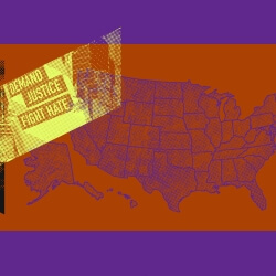 Map of the United States overlaid with images of a sign reading "Demand Justice, Fight Hate and the Statue of Liberty