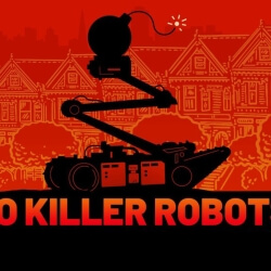 Red and black graphic with a robot holding a bomb outside of San Francisco's Painted Ladies. 