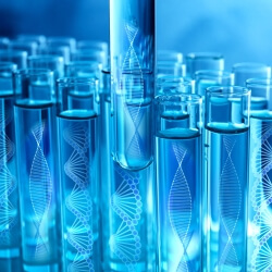 Test tubes with different illustrations of DNA in laboratory, closeup