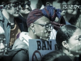 graphic of woman at a protest rally with digital facial recognition renderings overlaid