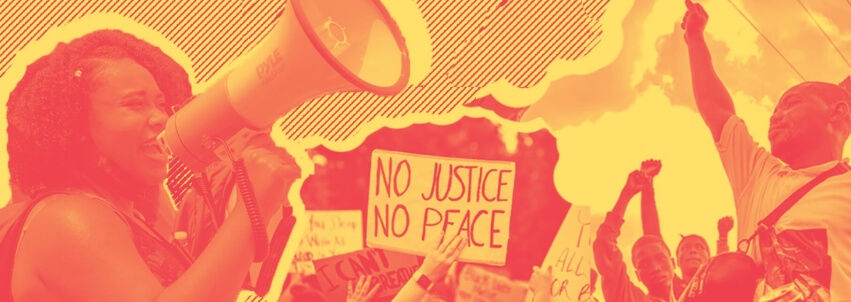 Orange colored graphic showing women with microphone backed by other protesters holding a "no justice, no peace" sign