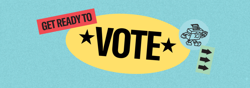 Blue background with stickers saying "Get ready to VOTE"