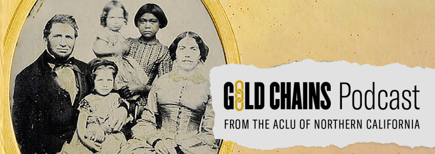 Promotional graphic of episode 3 of Gold Chains podcast. It shows an on image of a white settler family with an indigenous child in the background. 