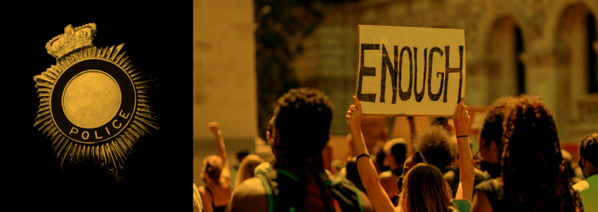 Picture of a crown holding a sign that says "Enough." Next to the image is a police badge