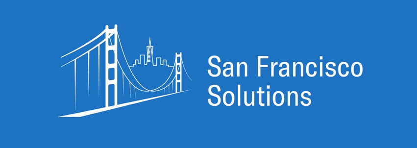 Drawing outline of the Bay Bridge and San Francisco skyline with the words "San Francisco Solutions"