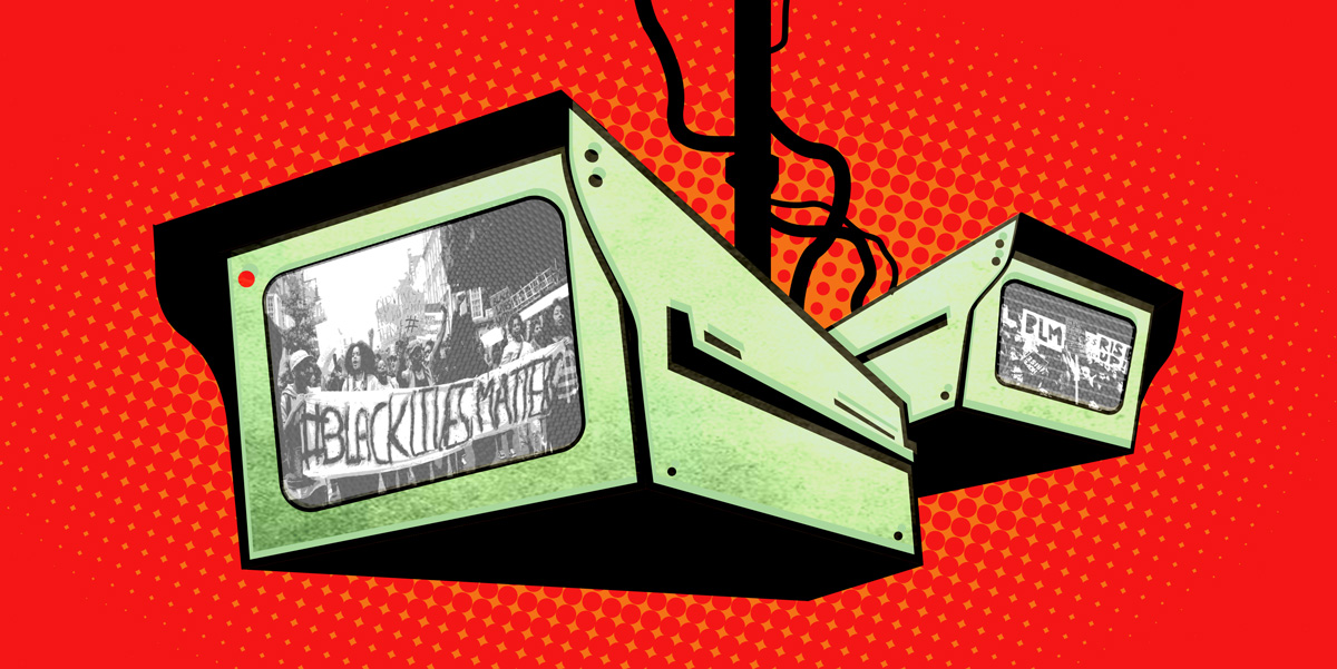 Two surveillance cameras with reflection of BLM protesters. Image by Electronic Frontier Foundation under Creative Commons license.