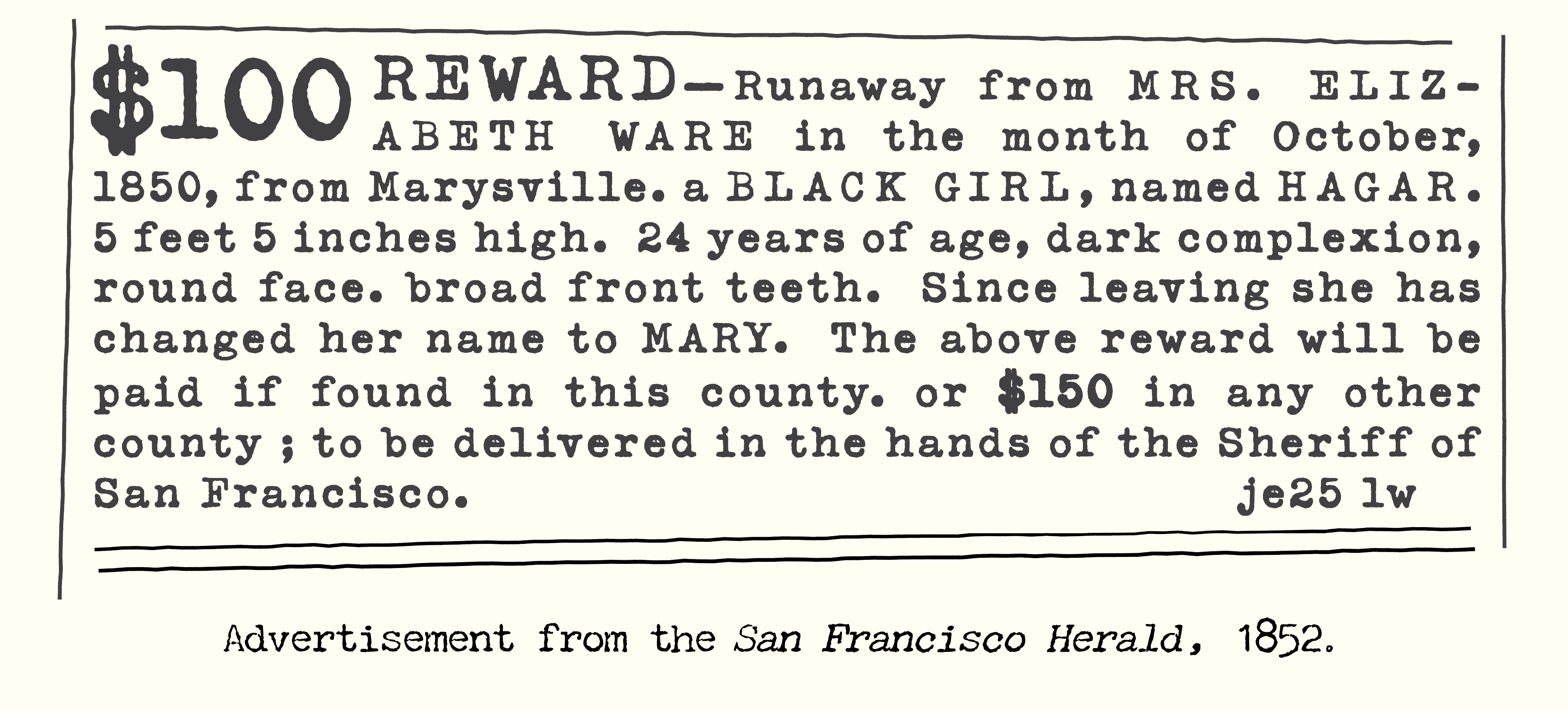 Advertisement from the San Francisco Herald, 1852